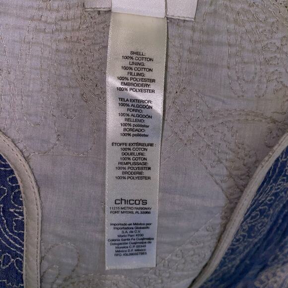 Chico's Embroidered Quilted Chambray Open Front Jacket Blue Medium - Picture 6 of 6